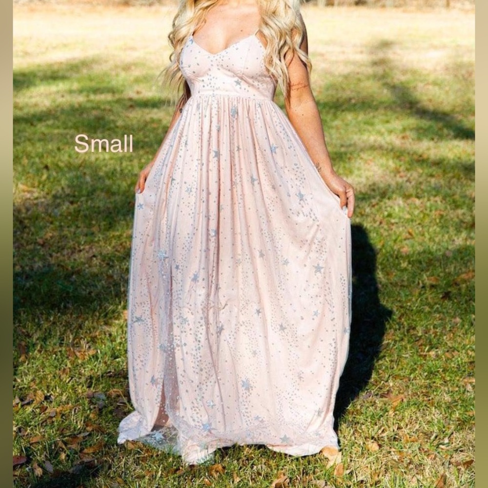 pink pastel and silver glitter floor length prom formal dress with stars maxi